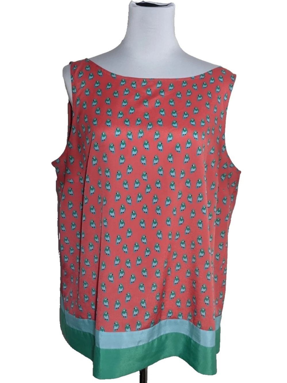 LOFT XL Coral Sleeveless Bird Print Tank with Mint-Green Border Layering